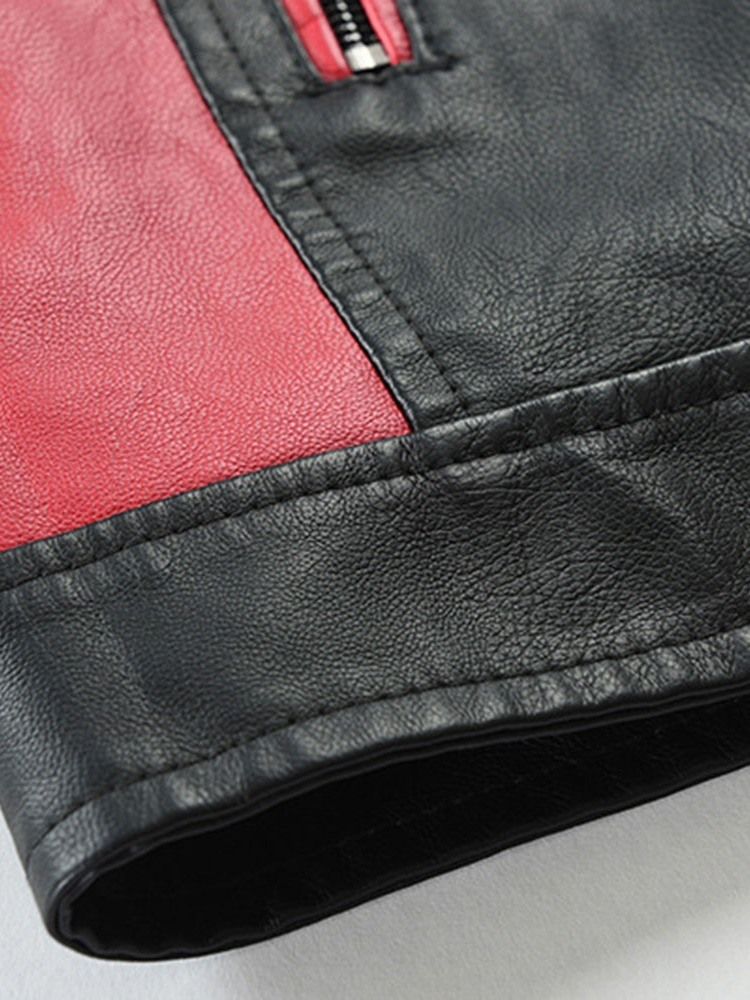 Bloco De Cores Masculino Gola Padrão Patchwork Jaqueta De Couro Casual