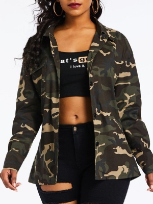 Camuflagem Feminina Lapela Estampada Blusa De Manga Comprida De Comprimento Médio