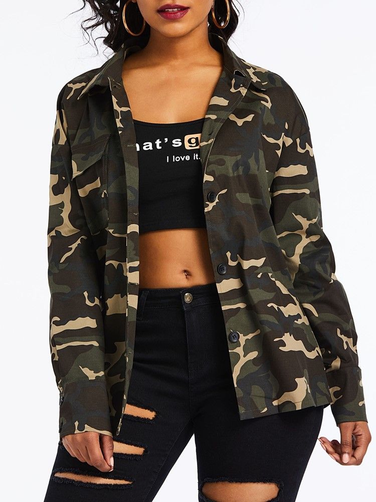 Camuflagem Feminina Lapela Estampada Blusa De Manga Comprida De Comprimento Médio