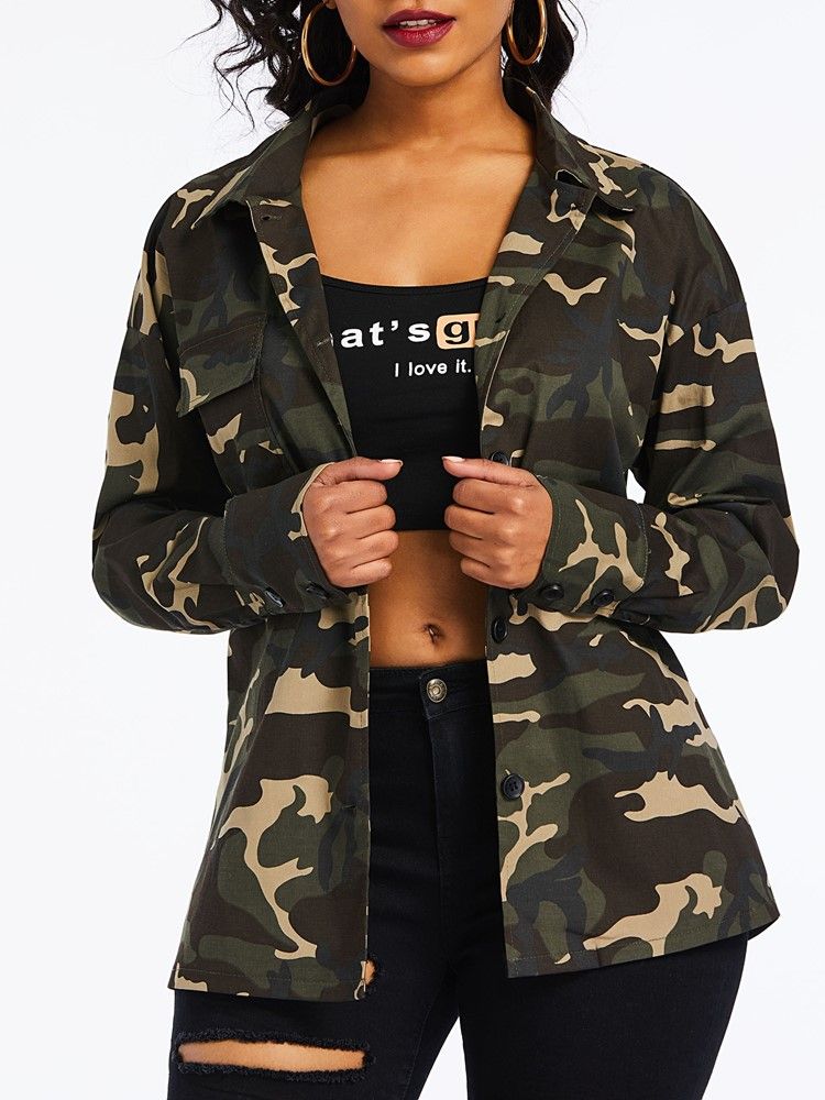 Camuflagem Feminina Lapela Estampada Blusa De Manga Comprida De Comprimento Médio