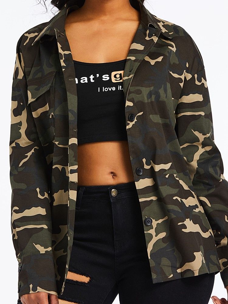 Camuflagem Feminina Lapela Estampada Blusa De Manga Comprida De Comprimento Médio