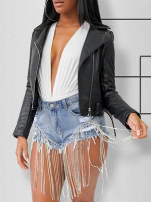 Casaco Feminino Reto Curto Com Zíper Pu