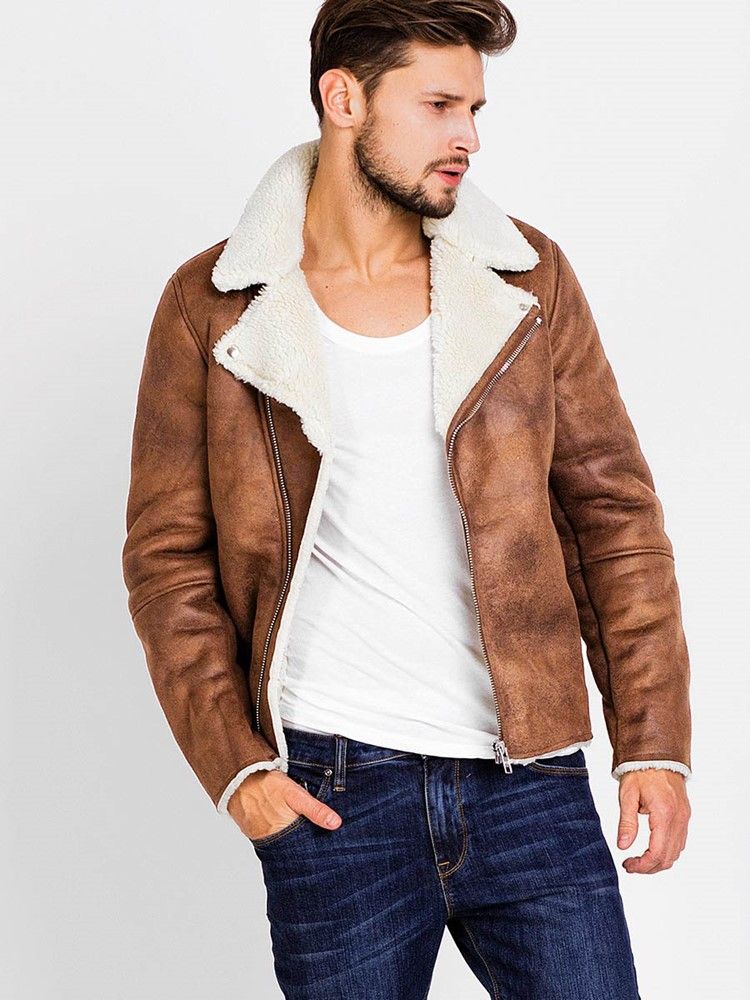 Casaco Masculino De Lapela Zip Falso Shearling Shearling Quente Vogue