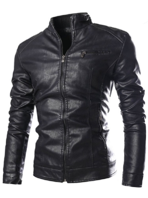 Casaco Masculino De Pu Stand Colalr Zip Slim