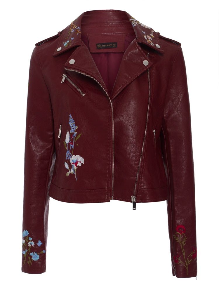Casaco Pu Feminino Bordado Com Lapela Floral Simples