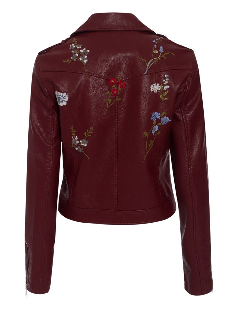Casaco Pu Feminino Bordado Com Lapela Floral Simples