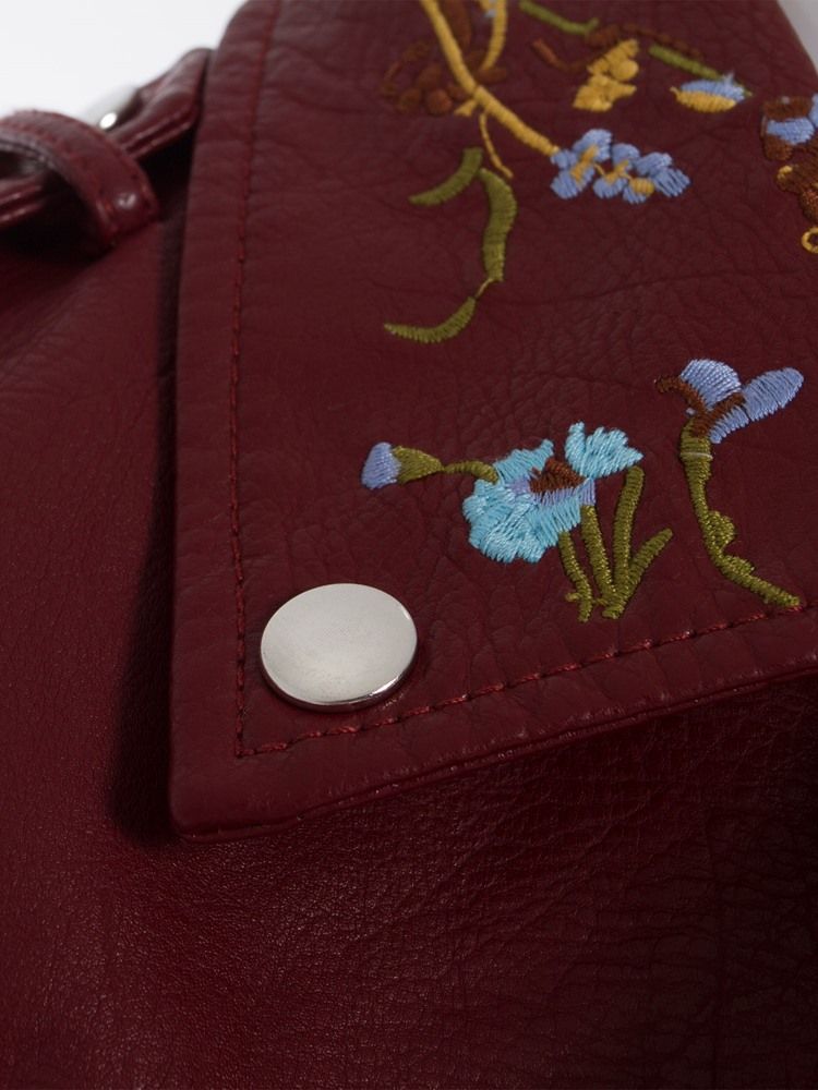 Casaco Pu Feminino Bordado Com Lapela Floral Simples