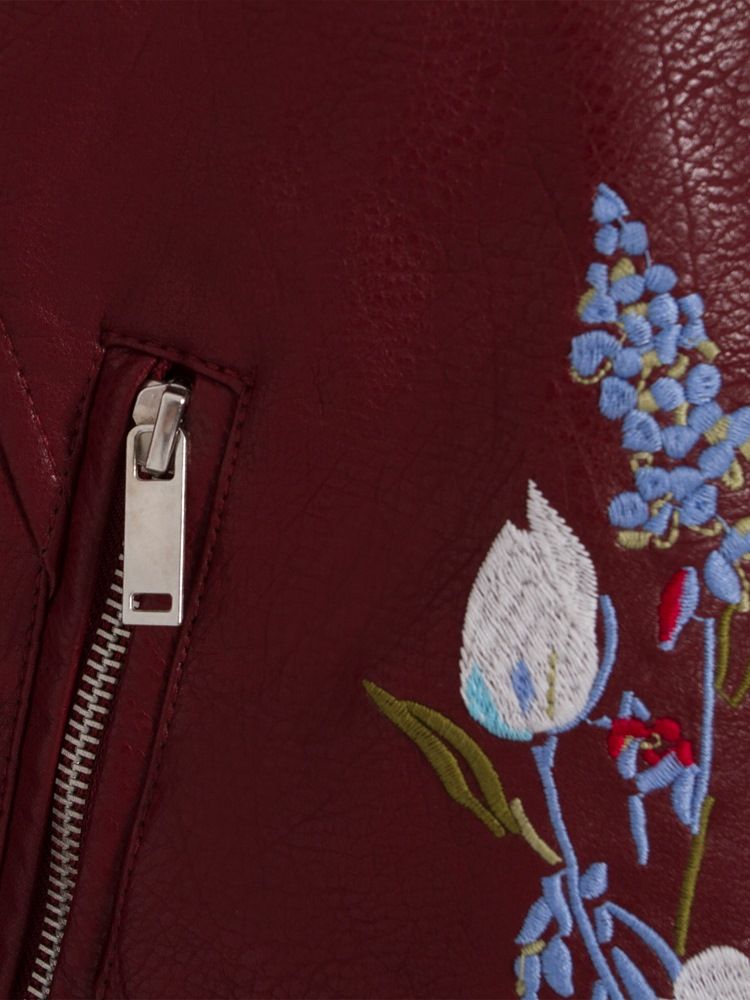 Casaco Pu Feminino Bordado Com Lapela Floral Simples