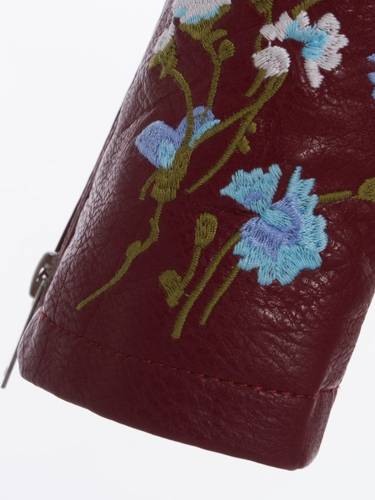 Casaco Pu Feminino Bordado Com Lapela Floral Simples
