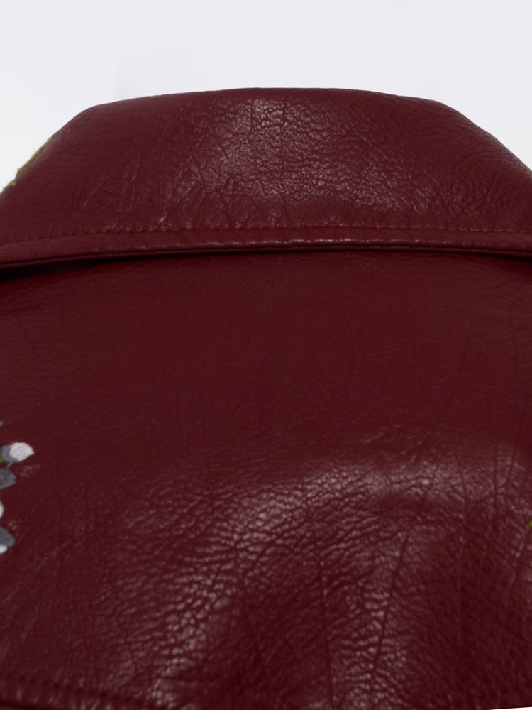 Casaco Pu Feminino Bordado Com Lapela Floral Simples