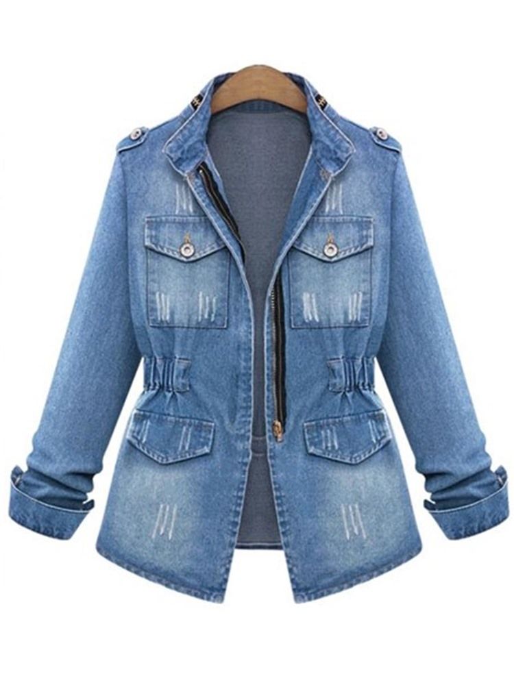 Casacos Jeans De Manga Comprida Com Zíper Feminino