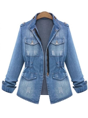 Casacos Jeans De Manga Comprida Com Zíper Feminino
