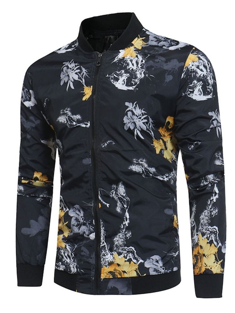 Impressão Color Block Stand Collar Casual Masculino Jaqueta Slim