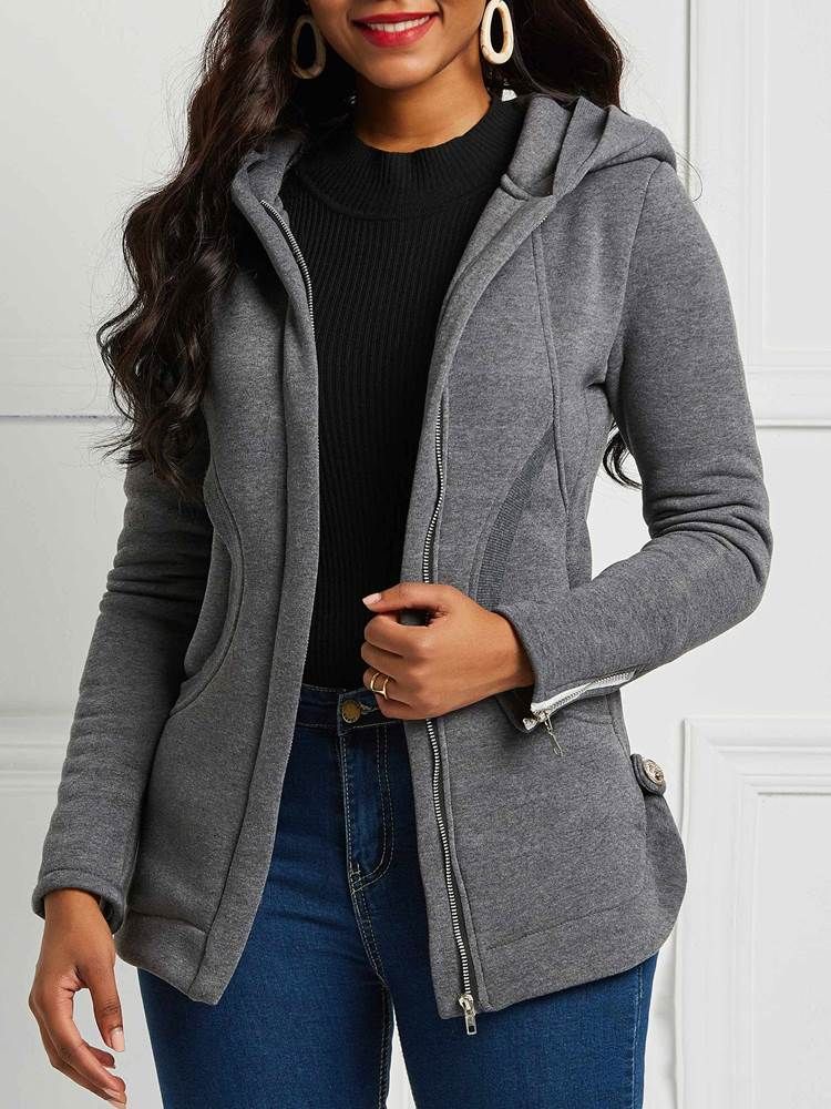Jaqueta Casual Feminina Com Capuz E Bolso Com Zíper