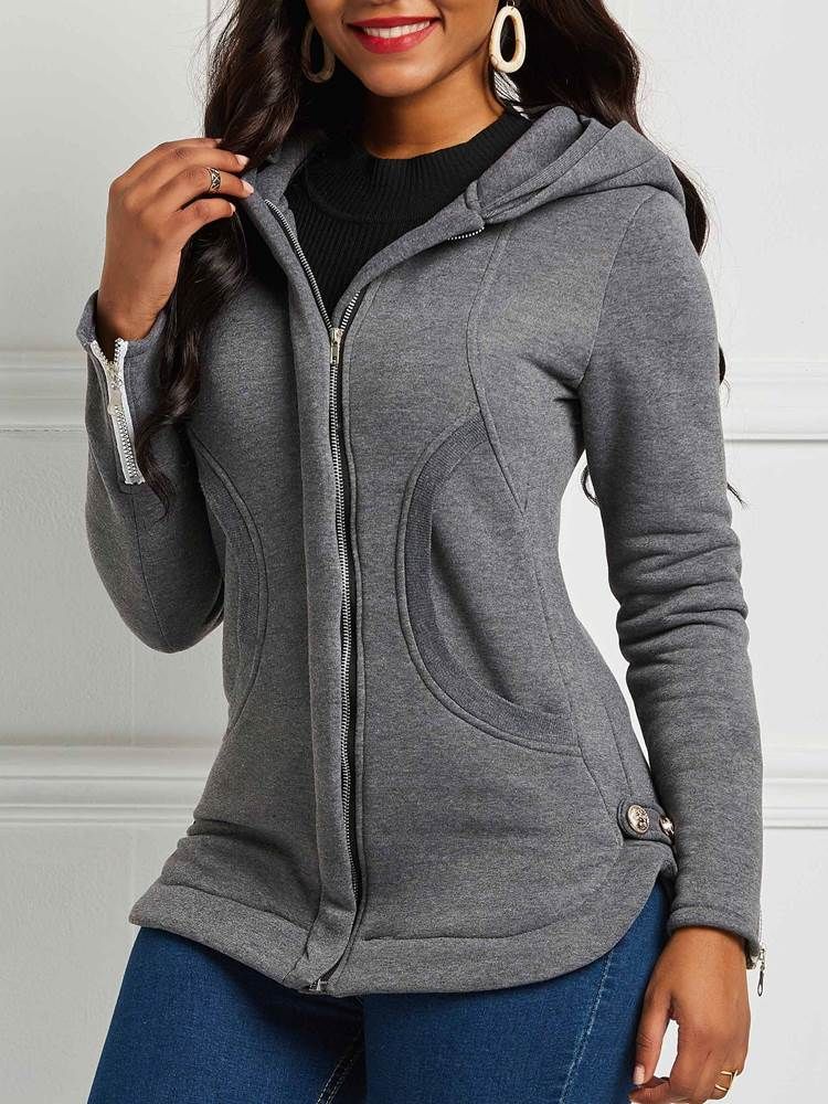 Jaqueta Casual Feminina Com Capuz E Bolso Com Zíper