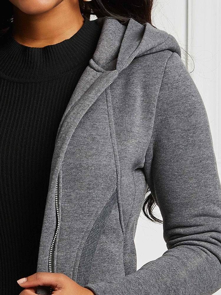 Jaqueta Casual Feminina Com Capuz E Bolso Com Zíper