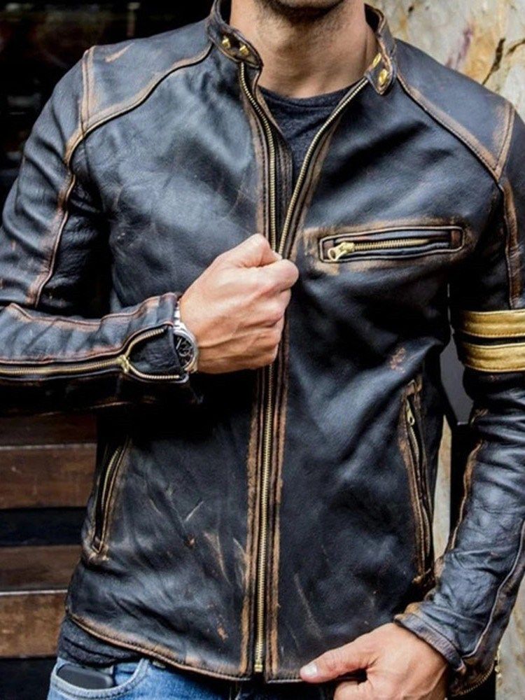 Jaqueta De Couro Europeu Patchwork Padrão Masculino Com Gola Cor Bloco