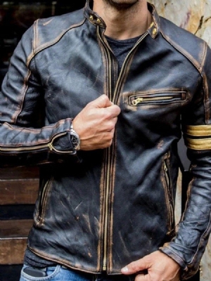 Jaqueta De Couro Europeu Patchwork Padrão Masculino Com Gola Cor Bloco