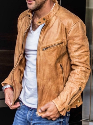 Jaqueta De Couro Fina Masculina Com Gola E Zíper Padrão Simples