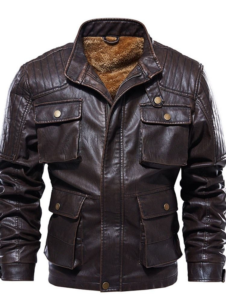 Jaqueta De Couro De Inverno Europeu Com Colarinho Liso Padrão Masculino