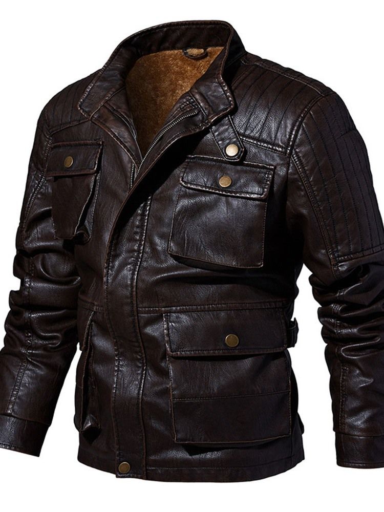 Jaqueta De Couro De Inverno Europeu Com Colarinho Liso Padrão Masculino