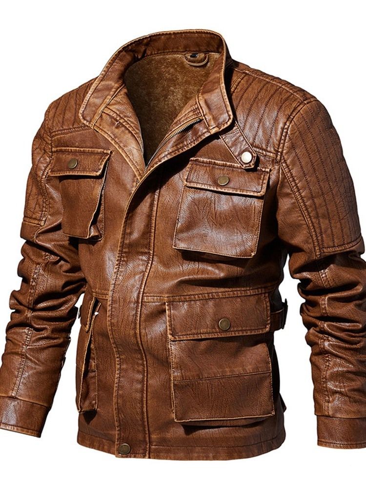 Jaqueta De Couro De Inverno Europeu Com Colarinho Liso Padrão Masculino