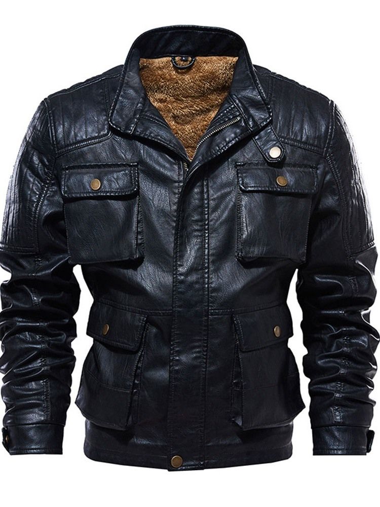 Jaqueta De Couro De Inverno Europeu Com Colarinho Liso Padrão Masculino