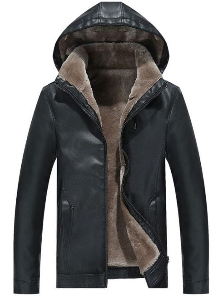 Jaqueta De Couro Masculina Com Capuz Liso E Zíper Padrão