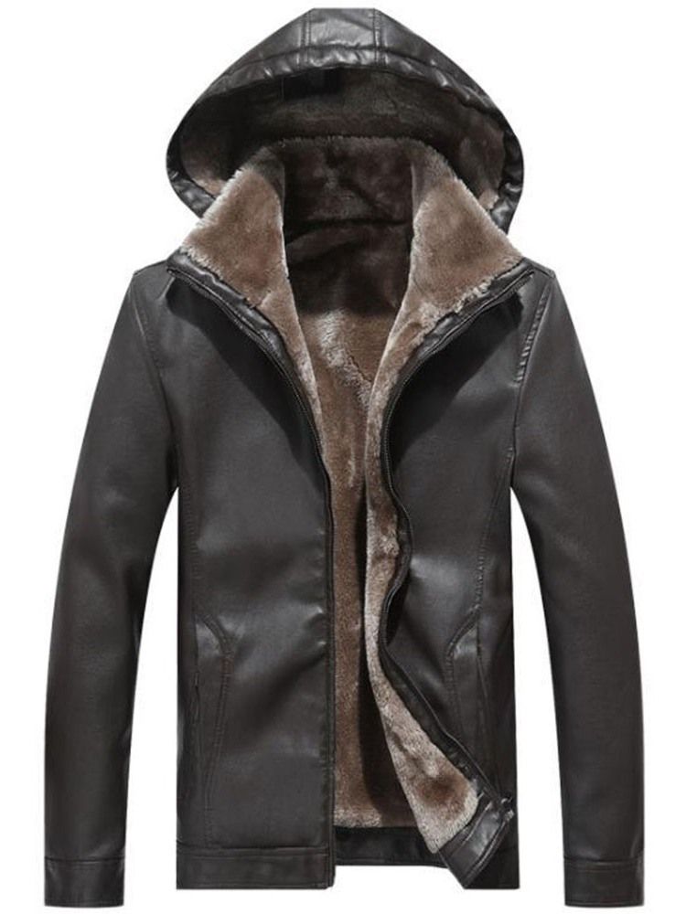 Jaqueta De Couro Masculina Com Capuz Liso E Zíper Padrão