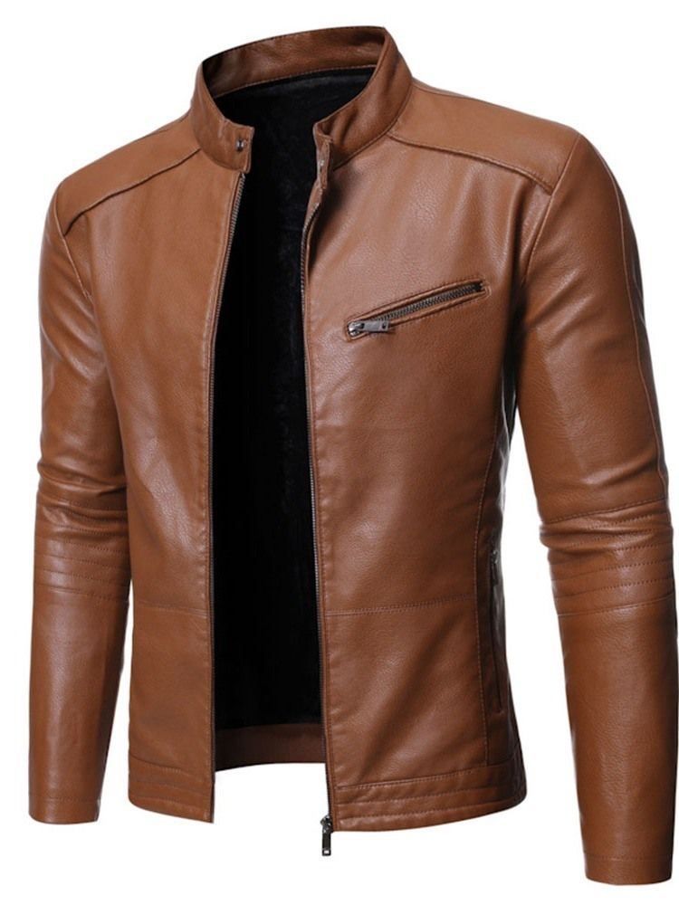 Jaqueta De Couro Masculina Com Gola Lisa Padrão Com Zíper Fino