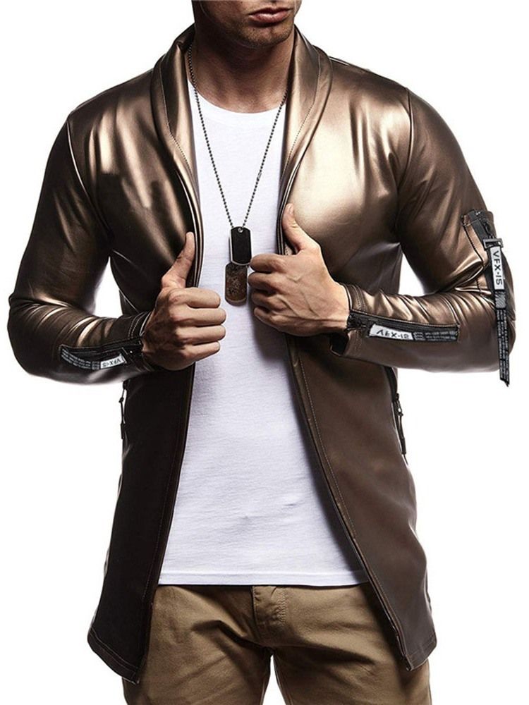 Jaqueta De Couro Masculina De Lapela Lisa Casual Estilo Fino