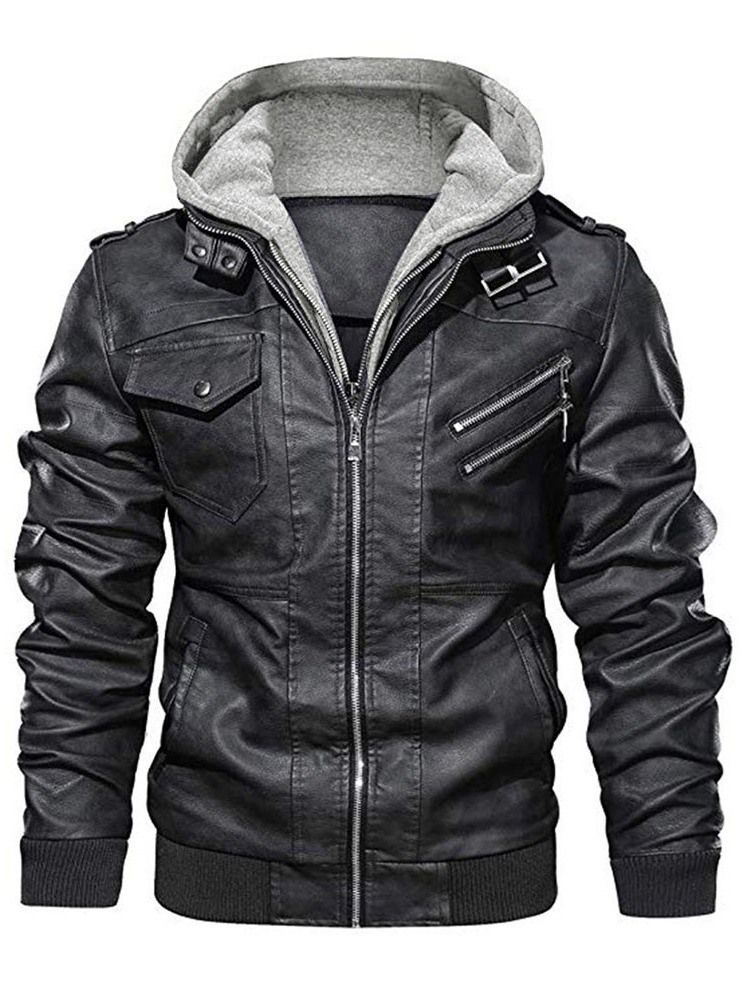 Jaqueta De Couro Masculina Padrão Com Capuz Liso Liso Patchwork