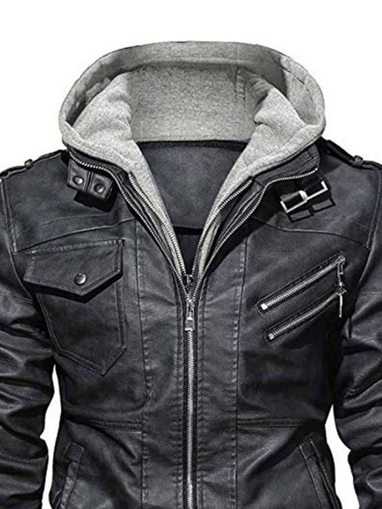 Jaqueta De Couro Masculina Padrão Com Capuz Liso Liso Patchwork