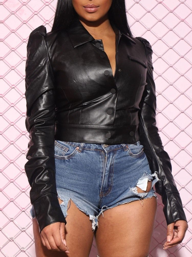 Jaqueta Curta De Couro Feminino Pu Slim