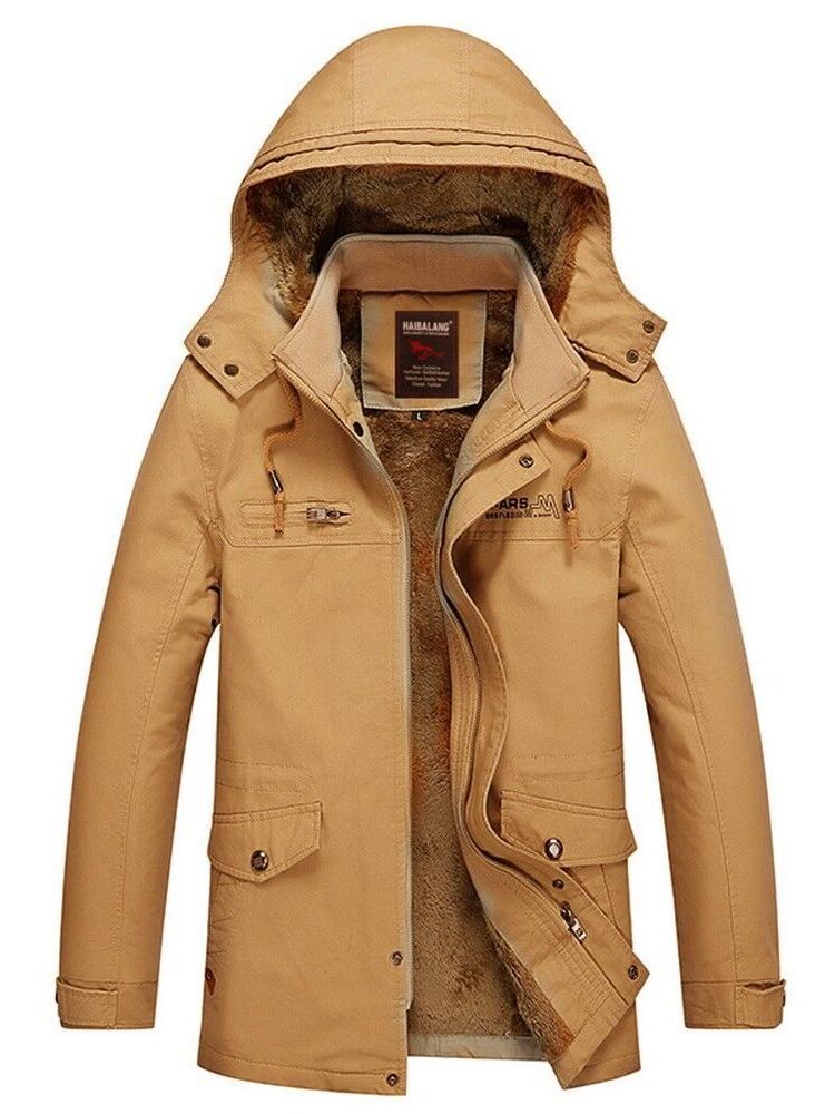 Jaqueta De Inverno Casual Masculina Grossa Lisa Com Zíper Com Capuz