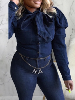 Jaqueta Jeans Casual Feminino Bowknot Slim Regular Padrão