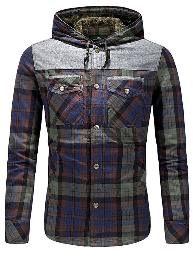 Jaqueta De Lã Xadrez Patchwork Casual Masculina