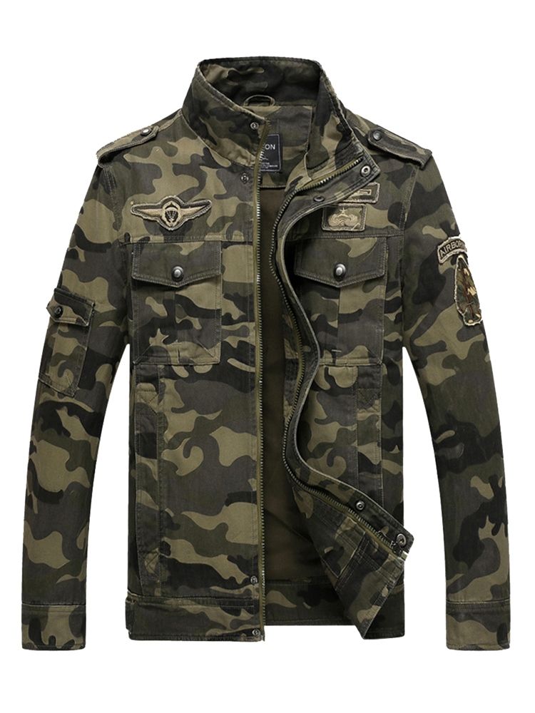 Jaqueta Masculina De Algodão Com Camuflagem Com Gola E Zíper