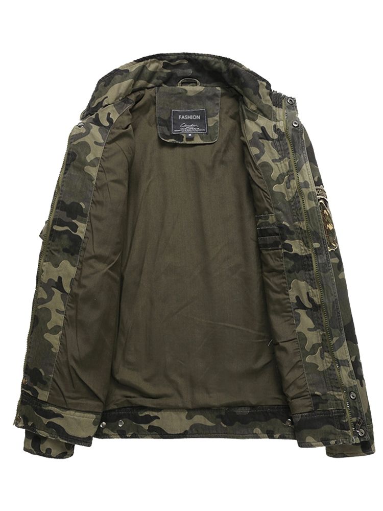 Jaqueta Masculina De Algodão Com Camuflagem Com Gola E Zíper