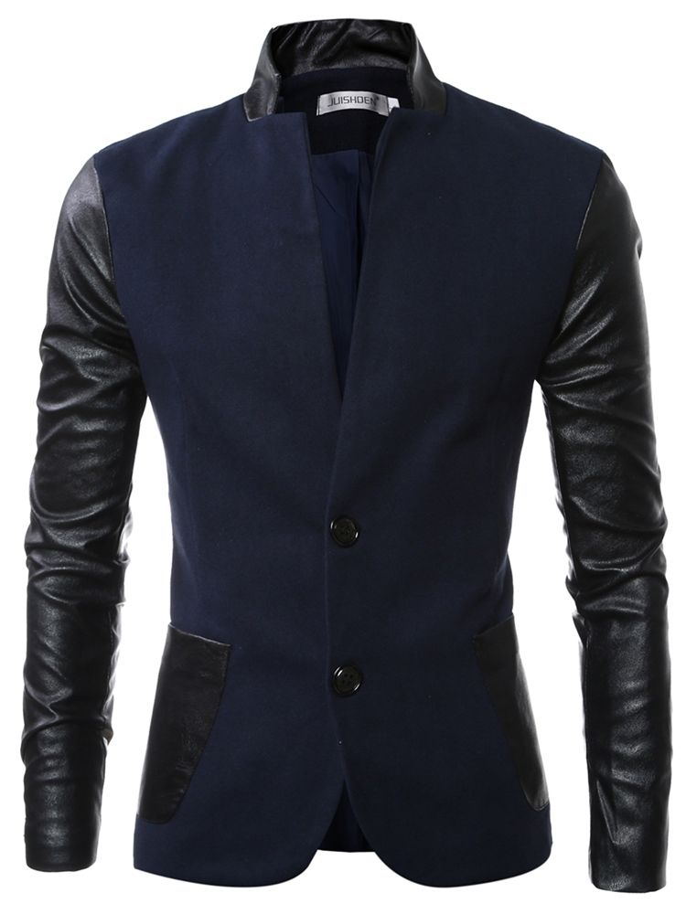 Jaqueta Masculina Slim Collar Pu Patchwork