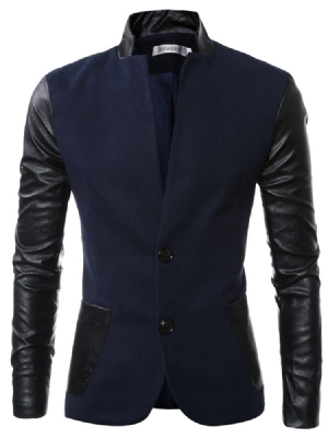 Jaqueta Masculina Slim Collar Pu Patchwork