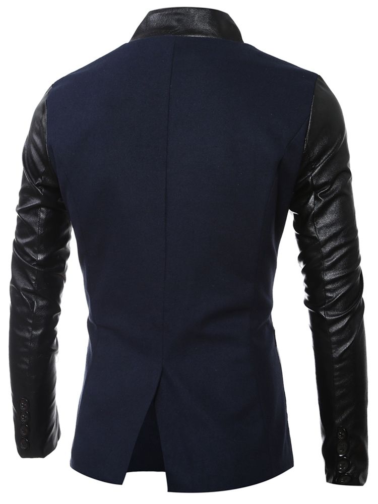 Jaqueta Masculina Slim Collar Pu Patchwork