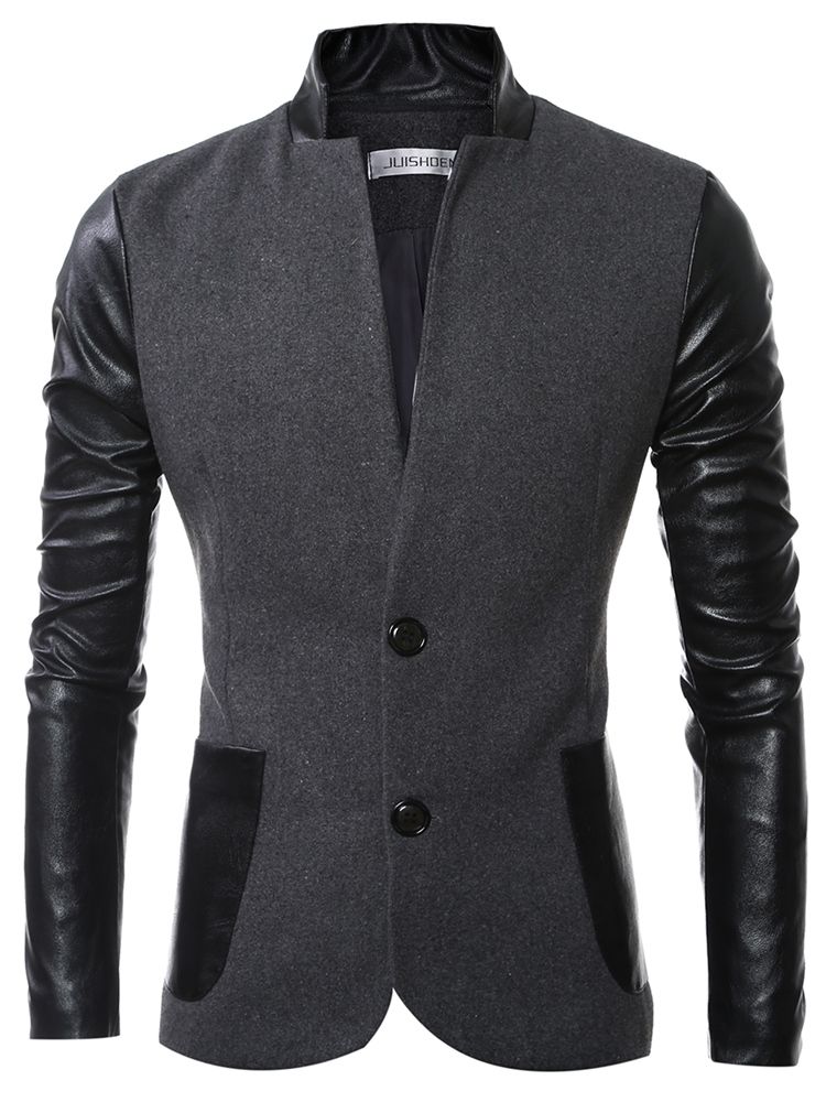 Jaqueta Masculina Slim Collar Pu Patchwork