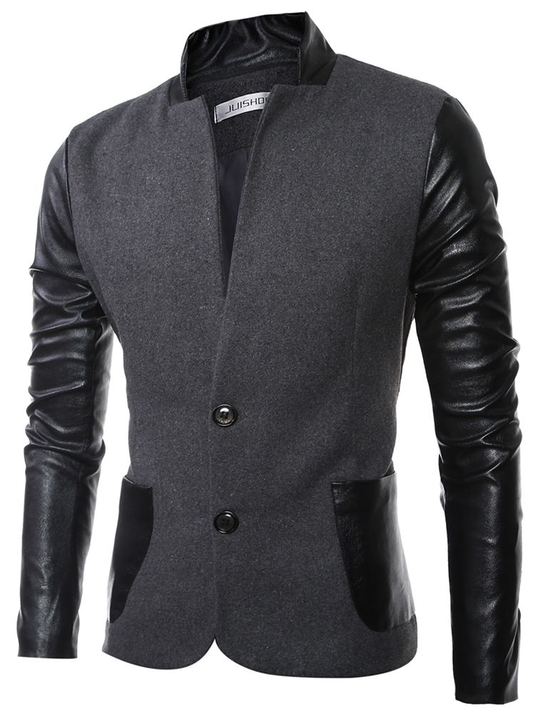 Jaqueta Masculina Slim Collar Pu Patchwork