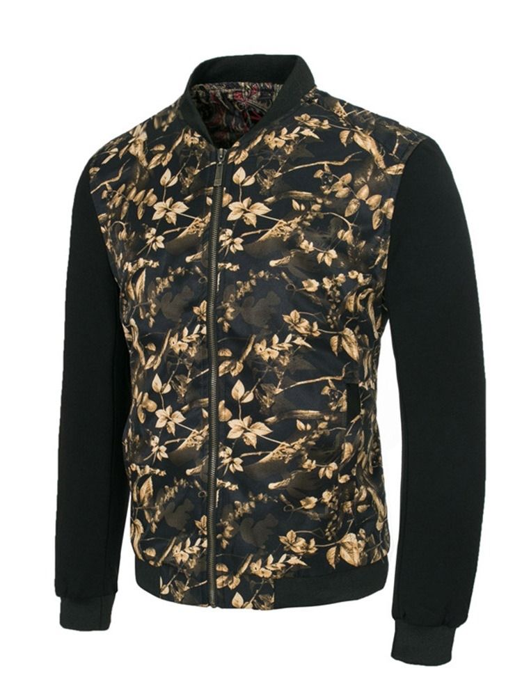 Patchwork Estampado Floral Estampado Gola Masculina Com Zíper Fino