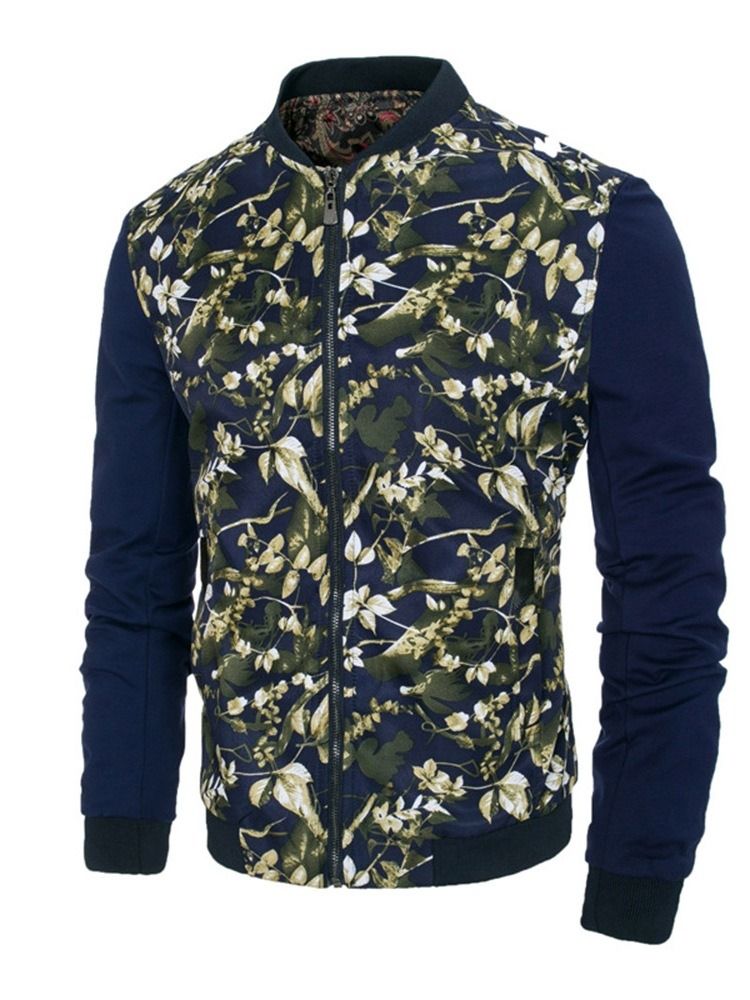 Patchwork Estampado Floral Estampado Gola Masculina Com Zíper Fino
