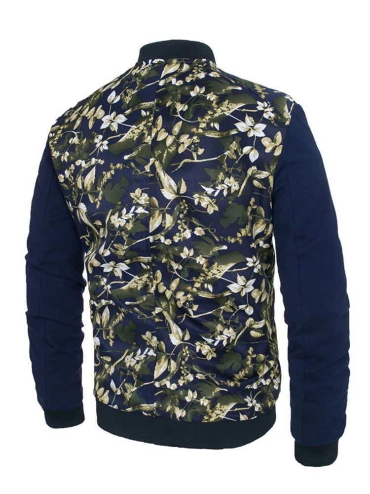 Patchwork Estampado Floral Estampado Gola Masculina Com Zíper Fino