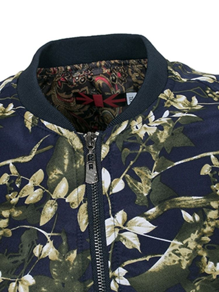 Patchwork Estampado Floral Estampado Gola Masculina Com Zíper Fino