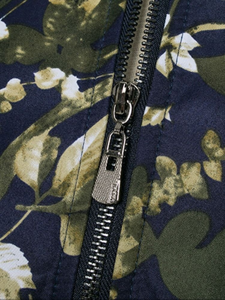 Patchwork Estampado Floral Estampado Gola Masculina Com Zíper Fino