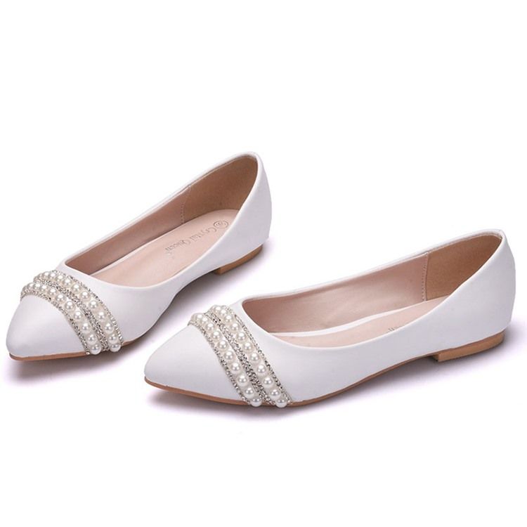Bloco De Strass Salto Alto Bico Fino Liso Sapatilhas Brancas Femininas